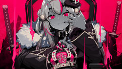 Rule 34 | 1girl, barbed wire, black collar, black nails, chair, coat, collar, commentary request, crown, finger to mouth, fingernails, fur-trimmed coat, fur trim, highres, holding, holding crown, hololive, horns, katana, king (vocaloid), looking at viewer, mask, nail polish, nakiri ayame, nakiri ayame (1st costume), official art, oni mask, oshiruko (oshiruco 212048), pink background, pink eyes, pink theme, skin-covered horns, smile, solo, straight-on, sword, throne, unworn crown, virtual youtuber, vocaloid, weapon