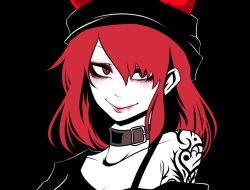 Rule 34 | 1girl, black background, closed mouth, collar, eyelashes, flat color, hecatia lapislazuli, lips, lipstick, looking at viewer, makeup, off-shoulder shirt, off shoulder, red eyes, red hair, red lips, sei no ji, shirt, simple background, smile, solo, tattoo, touhou, upper body