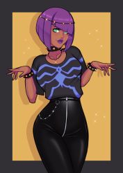 Rule 34 | 1girl, absurdres, bob cut, choker, collarbone, cowboy shot, dark-skinned female, dark skin, egyptian, green eyes, hairband, highres, jewelry, leather, leather pants, lips, menat, nail polish, necklace, pants, purple hair, purple lips, purple nails, ring, sparkle, street fighter, tagme, tight clothes, tight pants, zipper, zipper pull tab