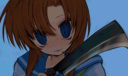 Rule 34 | 1girl, blue background, blue eyes, blue sailor collar, brown hair, cleaver, commentary, highres, higurashi no naku koro ni, holding, holding weapon, looking at viewer, nata (tool), parted lips, ryuuguu rena, sailor collar, school uniform, serafuku, short hair, simple background, slit pupils, solo, uee m, upper body, weapon