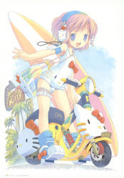 Rule 34 | 1girl, :d, absurdres, armband, artbook, bag, blue eyes, blue socks, blush, bridal garter, digital media player, female focus, flat chest, full body, gradient background, handbag, headphones, hello kitty, highres, motor vehicle, motorcycle, nature, non-web source, one-piece swimsuit, open mouth, outdoors, palm tree, plant, pop, project witch, red hair, ribbon, sanrio, school swimsuit, shoes, short hair, short twintails, sky, smile, sneakers, socks, solo, surfboard, swimsuit, tree, twintails, vehicle, white background, white one-piece swimsuit, white school swimsuit