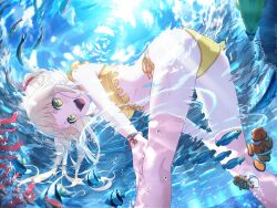 Rule 34 | 1girl, :d, armpit crease, artist request, ass, backlighting, bang dream!, bent over, bikini, blonde hair, blunt bangs, bracelet, breasts, caustics, clownfish, commentary, feet out of frame, fish, floating hair, from below, game cg, goby (fish), green eyes, half updo, hands on own legs, jewelry, light blush, long hair, looking at viewer, medium breasts, multiple bracelets, official alternate costume, official art, open mouth, partially underwater shot, pink scrunchie, plant request, ponytail, scrunchie, side-tie bikini bottom, smile, solo, standing, sun, swimsuit, teeth, third-party source, tongue, tropical fish, tsurumaki kokoro, underwater, upper teeth only, wading, yellow bikini