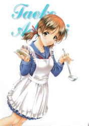 Rule 34 | 1girl, absurdres, adachi taeko, apron, blue skirt, character name, cursive, feet out of frame, highres, holding, holding ladle, holding saucer, kai tomohisa, ladle, long sleeves, looking at viewer, medium hair, non-web source, pleated skirt, saucer, school uniform, sentimental graffiti, simple background, skirt, smile, solo, twintails, white apron, white background