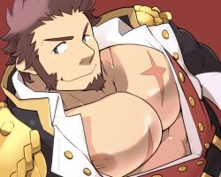 Rule 34 | 1boy, abs, bara, beard, blue eyes, brown hair, epaulettes, facial hair, fate/grand order, fate (series), large pectorals, long sideburns, long sleeves, looking at viewer, male focus, military, muscular, napoleon bonaparte (fate), nipples, pectorals, scar, simple background, smile, solo, takezamurai, uniform, upper body
