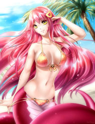 Rule 34 | 10s, 1girl, beach, bikini, bikini pull, blue sky, breasts, cleavage, clothes pull, collarbone, cowboy shot, day, fang, fang out, gigamessy, hair ornament, hairclip, hand in own hair, lamia, large breasts, light particles, long hair, looking at viewer, miia (monster musume), monster girl, monster musume no iru nichijou, navel, o-ring, o-ring bikini, orange bikini, outdoors, palm tree, pointy ears, red hair, scales, sky, slit pupils, smile, solo, swimsuit, tree, very long hair, yellow eyes