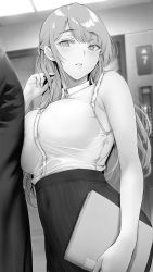 Rule 34 | 1boy, breast press, breasts, collared shirt, elevator, gentsuki, greyscale, hand in own hair, high-waist skirt, highres, holding, large breasts, long hair, long skirt, looking at viewer, monochrome, office lady, original, parted lips, shirt, skirt, sleeveless, sleeveless shirt