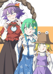 Rule 34 | + +, 3girls, :q, ;q, bare shoulders, black skirt, blonde hair, blue skirt, blush, blush stickers, breasts, brown hat, cheek poking, commentary request, constricted pupils, cowboy shot, detached sleeves, frog hair ornament, green eyes, green hair, hair between eyes, hair ornament, hair ribbon, hair tubes, hands up, hat, height difference, highres, inuno rakugaki, kochiya sanae, large breasts, leaf hair ornament, long hair, long sleeves, looking at viewer, looking to the side, mirror, moriya suwako, multiple girls, nose blush, one eye closed, orange background, poking, puffy short sleeves, puffy sleeves, purple eyes, purple hair, purple skirt, purple vest, red ribbon, red shirt, ribbon, rope, shide, shimenawa, shirt, short hair, short sleeves, sidelocks, skirt, skirt set, snake hair ornament, standing, star (symbol), sweat, tongue, tongue out, touhou, trembling, two-tone background, v-shaped eyebrows, vest, wavy mouth, white background, white shirt, wide sleeves, yasaka kanako, yellow eyes
