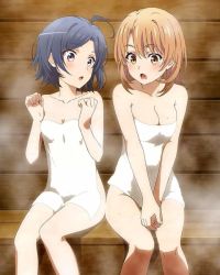 Rule 34 | 2girls, blue eyes, blue hair, breast envy, breasts, brown eyes, brown hair, cleavage, collarbone, covering privates, covering breasts, hair between eyes, hikigaya komachi, isshiki iroha, large breasts, legs, multiple girls, naked towel, official art, open mouth, sauna, small breasts, steam, surprised, sweat, tagme, towel, yahari ore no seishun lovecome wa machigatteiru.