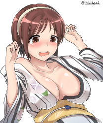 Rule 34 | 10s, 1girl, absurdres, blush, breasts, brown eyes, brown hair, cleavage, collarbone, crying, crying with eyes open, floral print, hairband, headband, highres, japanese clothes, kantai collection, kimono, kiritto, large breasts, looking down, natori (kancolle), obi, open mouth, sash, short hair, simple background, solo, sweat, sweatdrop, tears, twitter username, upper body, white background, yukata