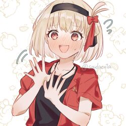 Rule 34 | 1girl, black hairband, black shirt, blonde hair, blush, bob cut, bow, collarbone, commentary request, embarrassed, hair bow, hairband, highres, jewelry, looking at viewer, lycoris recoil, neck blush, necklace, nishikigi chisato, one side up, open mouth, red bow, red eyes, red shirt, shirt, short hair, short sleeves, solo, souda (soudaco1a), sweatdrop, teeth, twitter username, upper body, upper teeth only
