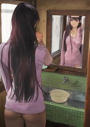 Rule 34 | 1girl, ass, black hair, breasts, cleavage, closed mouth, collarbone, fadingz, faucet, from behind, highres, long hair, looking at mirror, medium breasts, mirror, original, panties, pink sweater, pixiv id, purple eyes, reflection, signature, sink, solo, sweater, thighs, tray, underwear