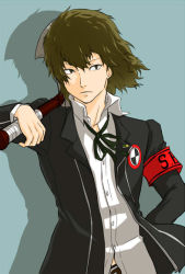 Rule 34 | 1boy, aragaki shinjirou, arm behind back, armband, atlus, axe, bad id, bad pixiv id, blouse, blue background, brown hair, collared shirt, frown, jagaimo (rokke), male focus, no headwear, persona, persona 3, school uniform, shirt, simple background, solo, weapon, white shirt