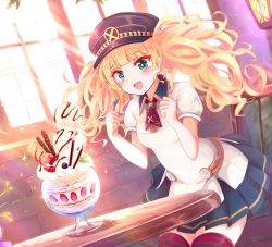 Rule 34 | 1girl, :d, arms up, blonde hair, blue eyes, blue skirt, blueberry, bowl, breasts, chocolate syrup, excited, food, fruit, granblue fantasy, hat, highres, ice cream, kotatsu (kotatu04), lantern, long hair, looking at viewer, medium breasts, monika weisswind, open mouth, peaked cap, pleated skirt, red thighhighs, school uniform, shirt, skirt, smile, solo, spoon, standing, strawberry, sunlight, thighhighs, twintails, wafer stick, window