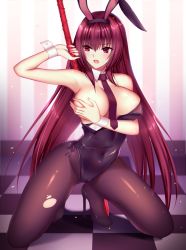 Rule 34 | 1girl, animal ears, areola slip, bad id, bad pixiv id, black footwear, black leotard, black pantyhose, blush, breasts, checkered floor, covered navel, covering privates, covering one breast, detached collar, fake animal ears, fate/grand order, fate (series), gae bolg (fate), hair between eyes, high heels, highres, holding, holding polearm, holding spear, holding weapon, kneeling, large breasts, leotard, long hair, mallizmora, necktie, official alternate costume, one breast out, open mouth, pantyhose, playboy bunny, polearm, purple eyes, purple hair, purple necktie, rabbit ears, scathach (fate), scathach (piercing bunny) (fate), solo, spear, teeth, thighs, torn clothes, torn pantyhose, v-shaped eyebrows, weapon, wrist cuffs
