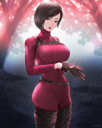 Rule 34 | 1girl, ada wong, black gloves, black hair, bob cut, bodysuit, boots, breasts, brown eyes, gloves, highres, large breasts, lips, looking at viewer, mcdobo, rain, red bodysuit, resident evil, ribbed bodysuit, short hair, solo, thigh boots