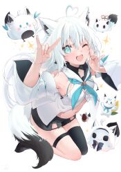 Rule 34 | 1girl, ahoge, animal ear fluff, animal ears, black shorts, black thighhighs, blue neckerchief, blush, braid, breasts, commentary request, detached sleeves, double fox shadow puppet, earrings, fox ears, fox girl, fox shadow puppet, fox tail, fubuchun, green eyes, hair between eyes, heart, heart ahoge, highres, hololive, hood, hoodie, jewelry, kumakanisuke, long hair, looking at viewer, miteiru (shirakami fubuki), navel, neckerchief, nejima kitsune (shirakami fubuki), one eye closed, open mouth, oruyanke (shirakami fubuki), pentagram, shirakami fubuki, shirakami fubuki (1st costume), short shorts, shorts, sidelocks, simple background, single braid, single thighhigh, small breasts, sparkle, sukonbu (shirakami fubuki), tail, thigh strap, thighhighs, virtual youtuber, white background, white hair, white hoodie