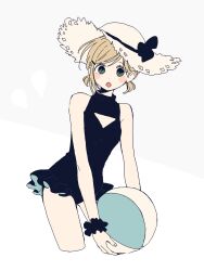 Rule 34 | 1girl, ball, beachball, blush stickers, clothing cutout, cropped legs, green eyes, hair ornament, hairclip, hat, highres, holding, holding ball, holding beachball, low twintails, maco22, one-piece swimsuit, open mouth, original, scrunchie, short hair, solo, straw hat, sun hat, swimsuit, twintails, wrist scrunchie