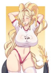 Rule 34 | 1girl, absurdres, blonde hair, blush, colored eyelashes, cowboy shot, crop top, elder dragon, eyes visible through hair, gradient background, gym uniform, hands in hair, highleg, highleg panties, highres, horns, impossible clothes, kulve taroth, long hair, looking at viewer, monster hunter, monster hunter: world, monster hunter (series), mouth hold, nose blush, panties, parted bangs, personification, pointy ears, revision, shirt, skindentation, solo, tail, taut clothes, taut shirt, thighhighs, thighs, two-tone background, underwear, very long hair, white background, white shirt, white thighhighs, yamanata, yellow background, yellow eyes