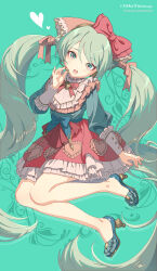 Rule 34 | 1girl, absurdres, anime coloring, aqua background, aqua eyes, aqua hair, bare legs, blue footwear, blush, bow, bowtie, brooch, commentary, dress, frilled dress, frills, full body, hair bow, hair ribbon, hatsune miku, head scarf, headset, heart, high heels, highres, ichimi renge, jewelry, lolita fashion, long hair, long sleeves, looking at viewer, multicolored clothes, multicolored dress, no socks, open mouth, ribbon, smile, solo, sweet lolita, twintails, upturned eyes, very long hair, vocaloid