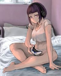 Rule 34 | 1girl, 6maker, absurdres, alternate hair length, alternate hairstyle, barefoot, blunt bangs, breasts, casual, commission, controller, crop top, crop top overhang, dualsense, fingernails, full body, game console, game controller, gamepad, han juri, headphones, highres, holding, holding controller, holding game controller, indian style, looking at viewer, medium breasts, midriff, navel, panties, pixiv commission, playstation 5, playstation controller, purple eyes, purple hair, shirt, short hair, sitting, solo, street fighter, street fighter v, toes, underwear, white panties, white shirt, wireless