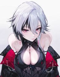 Rule 34 | 1girl, absurdres, arlecchino (genshin impact), bare shoulders, black eyes, black hair, black jacket, black skin, blush, breasts, cleavage, closed mouth, colored skin, earrings, eyelashes, from above, genshin impact, highres, jacket, jewelry, large breasts, lips, looking at viewer, looking up, multicolored hair, off shoulder, paid reward available, qiandaiyiyu, red pupils, simple background, solo, two-tone hair, white background, white hair