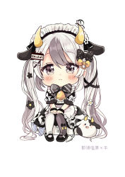 Rule 34 | 1girl, :3, absurdres, animal, animal ears, animal print, apron, asymmetrical legwear, bell, black bow, black footwear, black pantyhose, blush, bow, bug, butterfly, closed mouth, cow ears, cow girl, cow horns, cow print, cow tail, diagonal-striped bow, dress, frilled apron, frills, full body, grey bow, grey eyes, grey hair, hair between eyes, hair bow, hair ornament, hairclip, highres, horns, insect, long hair, maid headdress, mismatched legwear, multicolored hair, original, pantyhose, pigeon-toed, polka dot, polka dot bow, print dress, puffy short sleeves, puffy sleeves, sakura oriko, shoes, short sleeves, simple background, sitting, solo, streaked hair, tail, translation request, twintails, very long hair, waist apron, white apron, white background, white pantyhose, x hair ornament, yellow bow