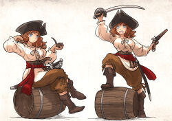 Rule 34 | 1girl, adjusting hair, antique firearm, blue eyes, boots, brown hair, commentary, cutlass, english commentary, firearm, firelock, flintlock, gun, handgun, hat, highres, holding, holding smoking pipe, ironlily, long hair, original, pants, pirate, pirate hat, red sash, sash, shirt, sitting, smile, smoking pipe, solo, weapon