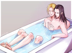Rule 34 | bath, bathing, bathtub, bindi, black hair, blonde hair, closed eyes, closed mouth, collarbone, eyebrows, final fantasy, final fantasy vii, final fantasy vii remake, fujiko one, grey background, hand on another&#039;s chest, legs, long hair, nipples, open mouth, rufus shinra, short hair, simple background, square enix, tseng, turks (ff7), twitter username, water, wet, wet hair, yaoi