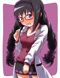 Rule 34 | 1girl, akemi homura, alternate costume, argyle, argyle clothes, argyle skirt, black hair, black hairband, blush, braid, breasts, cleavage, commentary request, cowboy shot, digital thermometer, female focus, flustered, glasses, hairband, highres, inoue kouji, lab coat, long sleeves, looking at viewer, mahou shoujo madoka magica, mahou shoujo madoka magica (anime), medium breasts, miniskirt, open mouth, purple eyes, red-framed eyewear, ribbed sweater, school nurse, skirt, solo, sweater, textless version, thermometer, twin braids, twintails, wavy mouth