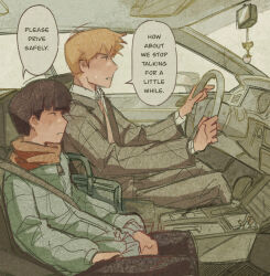 Rule 34 | 2boys, black hair, blonde hair, car interior, coat, commentary, derivative work, driving, english commentary, english text, formal, green coat, grey suit, highres, kageyama shigeo, long sleeves, male focus, meme, mob psycho 100, mp100days, multiple boys, necktie, pants, parted lips, rear-view mirror, reigen arataka, seatbelt, short hair, sitting, speech bubble, steering wheel, suit, transgender flag, why does x call you babygirl? (meme)