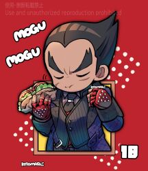 Rule 34 | 1boy, black hair, black jacket, black necktie, black pants, chewing, chinese text, closed mouth, coat, collared shirt, eating, fingernails, food, grey shirt, highres, holding, holding food, holding sandwich, jacket, kotorai, male focus, mishima kazuya, necktie, pants, purple coat, red background, romaji text, sandwich, scar, scar on face, shirt, signature, sound effects, tekken, thick eyebrows, translation request, v-shaped eyebrows