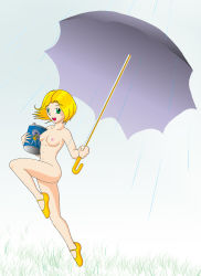 Rule 34 | 1girl, artist request, blonde hair, breasts, canister, collarbone, grass, green eyes, highres, holding, looking back, morton salt, morton salt girl, navel, nipples, nude, open mouth, rain, shoes, short hair, skipping, sky, small breasts, smile, white footwear
