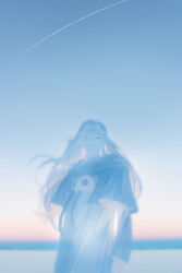 Rule 34 | 1girl, absurdres, blue capelet, blue eyes, blue hair, blue robe, blue skin, blue sky, blue theme, capelet, clear sky, colored skin, commentary, contrail, english commentary, final fantasy, final fantasy xiv, floating hair, highres, hood, hood down, hooded capelet, horizon, long hair, long sleeves, looking at viewer, mask, mask around neck, unworn mask, outdoors, robe, sia 2dductility, sky, smile, solo, standing, transparent, upper body, venat (ff14), wide sleeves, wind