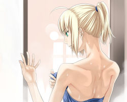 Rule 34 | 00s, 1girl, ahoge, artoria pendragon (all), artoria pendragon (fate), back, bare back, bare shoulders, blonde hair, fate/stay night, fate (series), green eyes, nape, nazo kichi, outstretched hand, ponytail, saber (fate), short hair, solo, towel, upper body, wet
