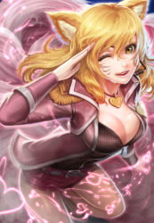 Rule 34 | 1girl, ;d, ahri (league of legends), alternate costume, alternate hair color, animal ears, belt, blonde hair, breasts, cleavage, cosplay, denim, denim shorts, epaulettes, facial mark, fox ears, fox tail, girls&#039; generation, glowing, goomrrat, hair between eyes, headset, heart, highres, idol, jacket, jewelry, large breasts, league of legends, pantyhose under shorts, long hair, looking at viewer, multiple tails, necklace, one eye closed, open clothes, open jacket, open mouth, pantyhose, popstar ahri, purple jacket, salute, shoes, short shorts, shorts, smile, solo, sweat, tail, whisker markings, yellow eyes, zipper