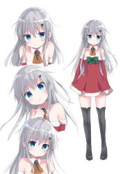 Rule 34 | 1girl, alternate costume, aqua eyes, aqua hair, arm warmers, ascot, bare shoulders, boots, bow, character sheet, christmas, christmas tree hair ornament, collarbone, cosplay, detached collar, dress, expressions, female focus, fur trim, green bow, hair ornament, head tilt, hibiki (kancolle), kantai collection, long hair, looking at viewer, red dress, santa costume, short dress, simple background, solo, strapless, strapless dress, suzuya (kancolle), suzuya (kancolle) (cosplay), thigh boots, thighhighs, tsukiji, upper body, white background, zettai ryouiki