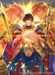 Rule 34 | 1girl, 2boys, armor, black coat, blue cape, blue gloves, brown eyes, brown hair, cape, cloud, coat, ethlyn (fire emblem), father and son, fire emblem, fire emblem: genealogy of the holy war, fire emblem: thracia 776, fire emblem cipher, gloves, holding, holding spear, holding sword, holding weapon, horse, husband and wife, leif (fire emblem), long hair, male focus, mother and son, multiple boys, nintendo, official art, pauldrons, pink eyes, pink hair, polearm, ponytail, quan (fire emblem), short hair, shoulder armor, sidelocks, spear, sunset, suzuki rika, sword, weapon, white armor, white gloves