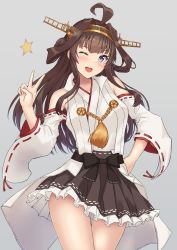 Rule 34 | 1girl, ;d, ahoge, bare shoulders, black bow, black skirt, blush, bow, brown hair, commentary request, detached sleeves, double bun, frilled skirt, frills, grey background, hair bun, hand on own hip, hand up, headgear, highres, japanese clothes, kantai collection, kimono, kongou (kancolle), long hair, long sleeves, looking at viewer, monoku, nontraditional miko, one eye closed, open mouth, pleated skirt, purple eyes, ribbon-trimmed sleeves, ribbon trim, simple background, skirt, sleeveless, sleeveless kimono, smile, solo, star (symbol), teeth, upper teeth only, v, very long hair, white kimono, white sleeves, wide sleeves