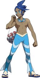 1boy, artist request, bangs, blue eyes, blue hair, clenched hand, closed mouth, creatures (company), flip-flops, full body, game freak, goggles, goggles around neck, gym leader, highres, holding, leggings, male focus, marlon (pokemon), navel, net, nintendo, official art, poke ball, poke ball (basic), pokemon, pokemon (game), pokemon bw2, sandals, smile, solo, standing, swept bangs, tan, tanline, toes, transparent background