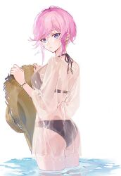 Rule 34 | 1girl, ass, azur lane, bikini, black bikini, blue eyes, earrings, from behind, hair between eyes, hat, holding, holding clothes, holding hat, hou (ppo), jewelry, parted lips, pink hair, see-through, see-through shirt, seydlitz (azur lane), short hair, sidelocks, signature, simple background, solo, standing, straw hat, swept bangs, swimsuit, swimsuit under clothes, unworn hat, unworn headwear, wading, water, white background