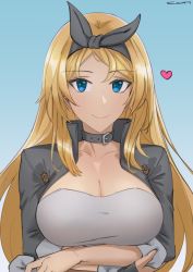 Rule 34 | 1girl, blonde hair, blue background, blue eyes, breasts, cleavage, commentary, echt, english commentary, grey choker, grey jacket, heart, highres, jacket, kantai collection, large breasts, long hair, nelson (kancolle), official alternate costume, race queen, signature, simple background, smile, solo, upper body