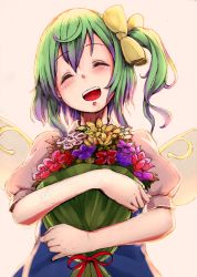 Rule 34 | 1girl, ^ ^, blush, bouquet, closed eyes, daiyousei, closed eyes, fairy wings, female focus, flower, green hair, kachayori, open mouth, puffy sleeves, short sleeves, side ponytail, solo, touhou, wings