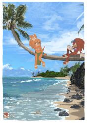 Rule 34 | 1boy, 1girl, :d, blue eyes, blue sky, blush, bracelet, branch, chzzei, cloud, eyewear on head, highres, jewelry, knuckles the echidna, ocean, open mouth, palm tree, rock, sandals, shore, sitting, sitting on branch, sky, smile, sonic (series), sonic adventure, sunglasses, tikal the echidna, tree, water