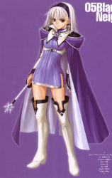 Rule 34 | 1girl, absurdres, arms at sides, blanc neige, blue background, blue gemstone, blue skirt, boots, cape, character name, earrings, full body, gem, high heel boots, high heels, highres, jewelry, legs apart, parted bangs, popped collar, sega, shining (series), shining tears, simple background, skirt, solo, standing, stud earrings, thighhighs, tony taka, two-sided cape, two-sided fabric, v-shaped eyebrows, white thighhighs
