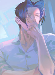 Rule 34 | 1boy, absurdres, ace attorney, black hair, blouse, buttons, closed mouth, cloud rad, collared shirt, commentary request, grey eyes, grey shirt, hand on own chin, hand up, highres, looking to the side, male focus, miles edgeworth, parted bangs, shirt, short hair, solo, stroking own chin, upper body