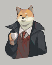 Rule 34 | animal, animal focus, black coat, coat, collared shirt, cup, dog, grey background, highres, holding, holding cup, necktie, no humans, original, potatomochii, red necktie, red sweater, shiba inu, shirt, steam, sweater, white shirt