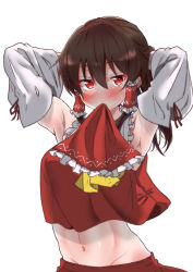 Rule 34 | 1girl, armpits, arms up, ascot, blush, brown hair, commentary request, detached sleeves, groin, hair between eyes, hakurei reimu, highres, long hair, looking at viewer, midriff, mouth hold, mukkushi, navel, red eyes, red skirt, red vest, simple background, skirt, skirt set, solo, sweat, touhou, tying hair, vest, white background, yellow ascot