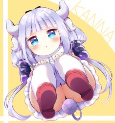 Rule 34 | 10s, 1girl, ass, blue eyes, blunt bangs, blush, capelet, character name, child, convenient censoring, dragon girl, dragon horns, dragon tail, dress, from below, full body, hairband, hands on own knees, horns, kanna kamui, kobayashi-san chi no maidragon, kuune rin, long hair, looking at viewer, red footwear, shoes, silver hair, simple background, solo, squatting, tail, tail censor, thick thighs, thighhighs, thighs, twintails, white thighhighs, zettai ryouiki