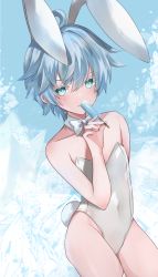 Rule 34 | 1boy, absurdres, ahoge, animal ears, bare shoulders, blue background, blue eyes, blue hair, blush, bow, bowtie, chongyun (genshin impact), collarbone, commentary request, covered navel, cowboy shot, crossdressing, detached collar, eyelashes, fake animal ears, fake tail, food, genshin impact, hair between eyes, hand up, highleg, highleg leotard, highres, holding, holding food, ice, ice crystal, leotard, looking at viewer, male focus, male playboy bunny, open mouth, parted lips, popsicle, rabbit ears, rabbit tail, rrr gns (riuriu 1212), sidelocks, solo, standing, strapless, strapless leotard, sweat, tail, white bow, white bowtie, white leotard, wing collar