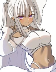 1girl absurdres arm_up bare_shoulders blunt_bangs blunt_ends blush breasts closed_mouth commentary_request crop_top dark-skinned_female dark_skin eyelashes eyes_visible_through_hair grey_hair hand_up highres index_finger_raised large_breasts long_hair long_sleeves looking_at_viewer midriff moon_ghost navel off-shoulder_shirt off_shoulder ponytail purple_eyes representative_of_humans_(moon_ghost) sakuratoru shirt sidelocks simple_background sketch slit_pupils smile solo split_mouth tsurime upper_body white_background white_shirt wide_sleeves